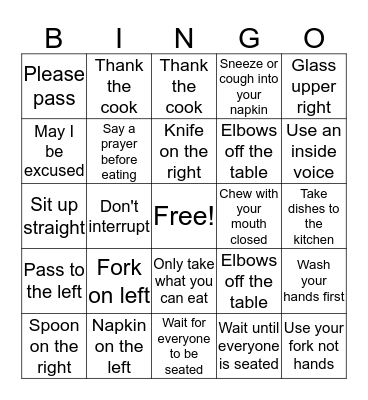 Table Manners Bingo Card