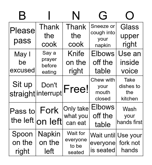 Table Manners Bingo Card