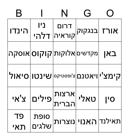 בינגו ארצות Bingo Card