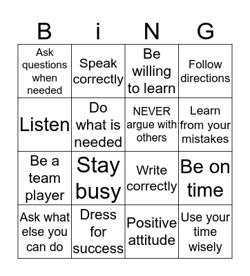 Job Skills Bingo Card