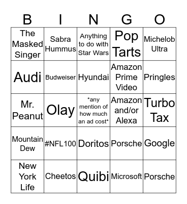 Super Bowl Commercial Bingo Card