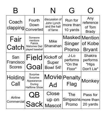 Super Bowl Bingo Card