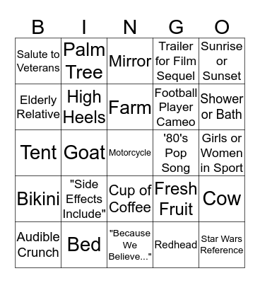SUPER BOWL 2020 COMMERCIAL BINGO Card