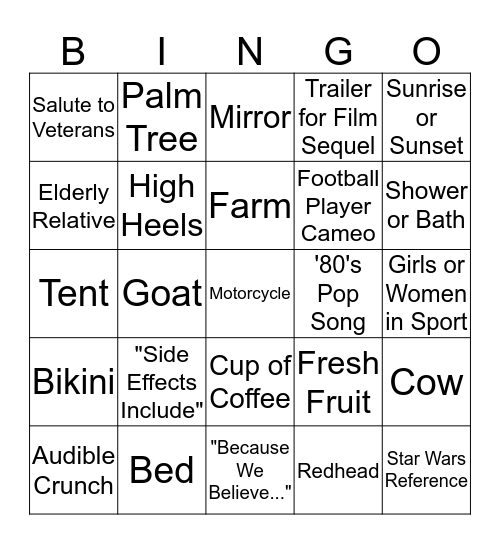 SUPER BOWL 2020 COMMERCIAL BINGO Card