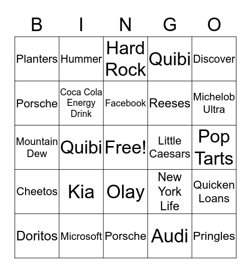 2020 Super Bowl Commercials Bingo Card