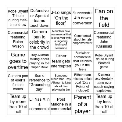 Morland House Super Bowl Extravaganza Bingo Card