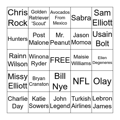 Super Bowl 2020 Commercial Bingo Card