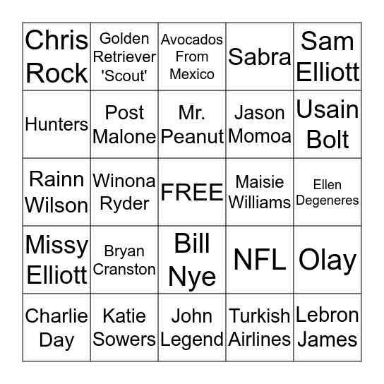 Super Bowl 2020 Commercial Bingo Card