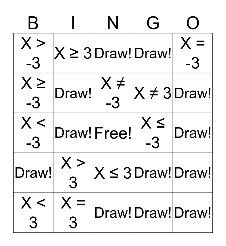 Inequalities Bingo Card