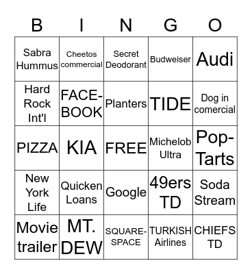 SUPERBOWL 2020 Bingo Card