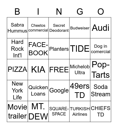 SUPERBOWL 2020 Bingo Card