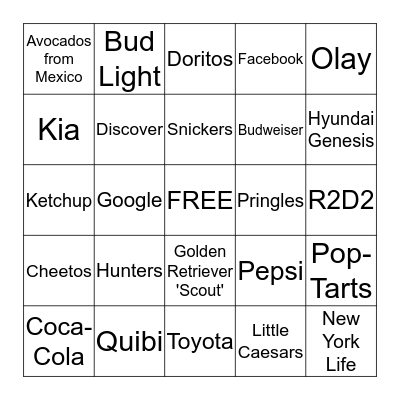 Super Bowl 2020 Commercial Bingo Card