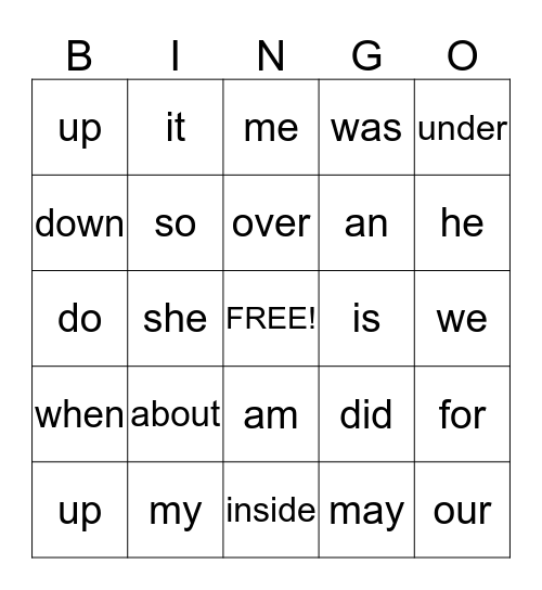 High Frequency Words Bingo Card