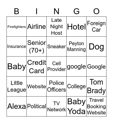 Super Bowl Commercial Bingo Card