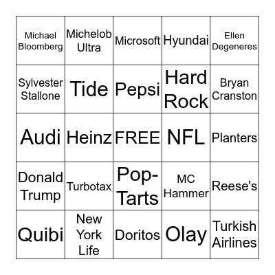 Super Bowl 2020 Commercial Bingo Card