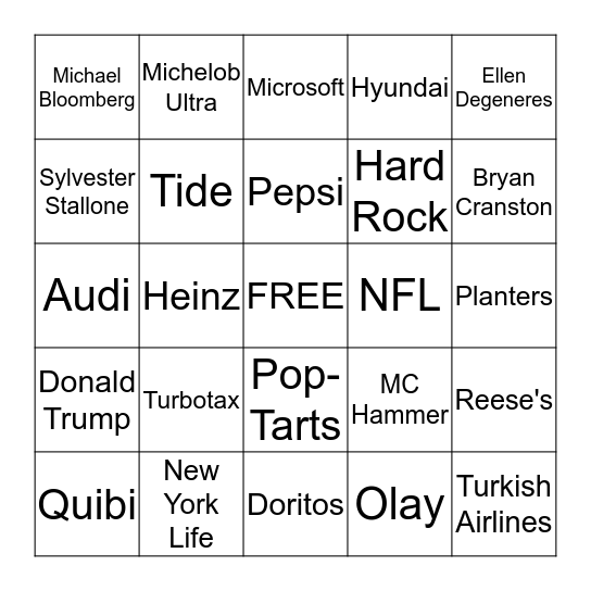 Super Bowl 2020 Commercial Bingo Card