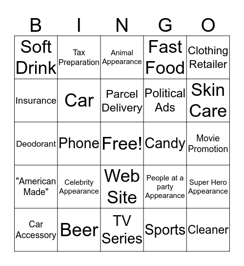 Super Bowl Commerical Bingo Card