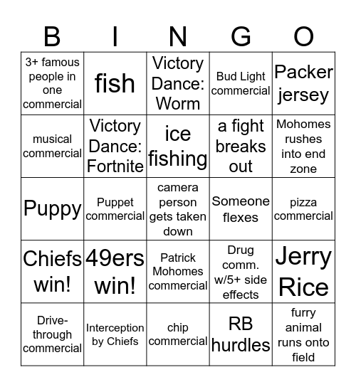 Super Bowl Bingo 2020 Bingo Card