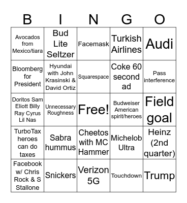 Super Bowl LIV BINGO Card