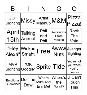 Super Bowl Bingo Card