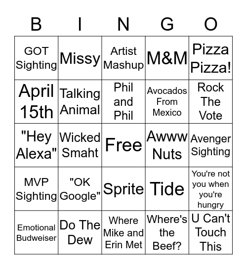 Super Bowl Bingo Card