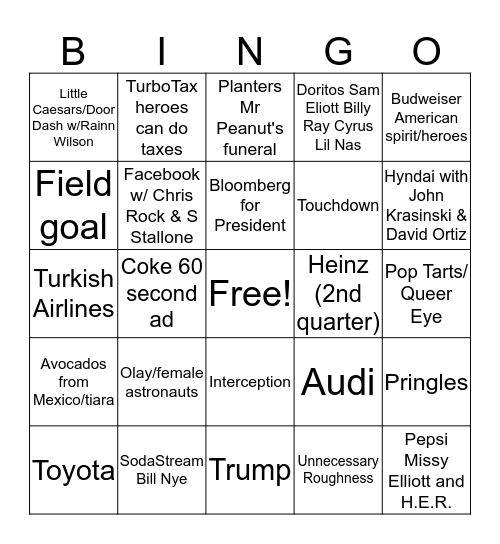 Super Bowl LIV BINGO Card