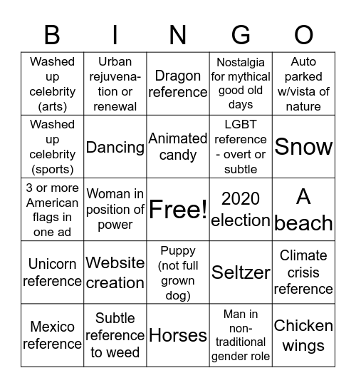 Super Bowl 2020 Commercials Bingo Card