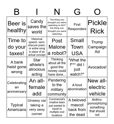Super Bowl Commercial Bingo Card