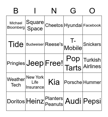 Super Bowl Commerical Bingo Card