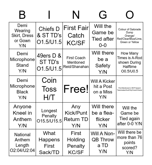 Super Bowl Prop Bet Bingo Card