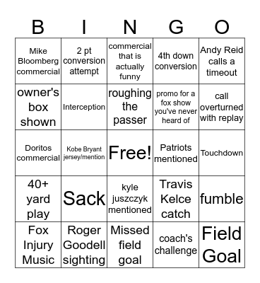 Super Bowl Bingo Card