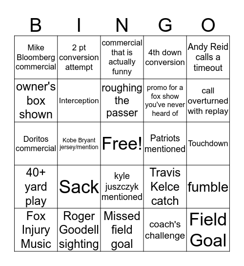 Super Bowl Bingo Card