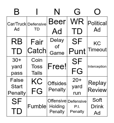 Super Bowl Bingo Card