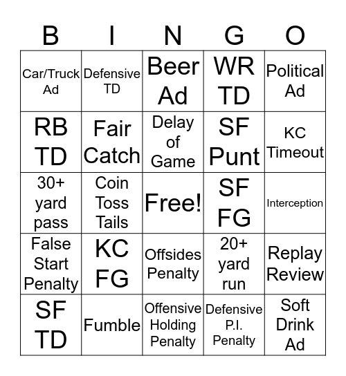 Super Bowl Bingo Card