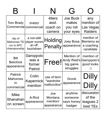 Superbowl 54 2020 Bingo Card