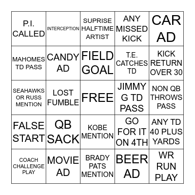 SUPER BOWL LIV Bingo Card