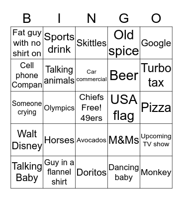 Salo Super Bowl Commercial Bingo Card