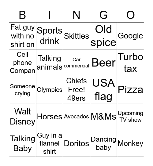 Salo Super Bowl Commercial Bingo Card