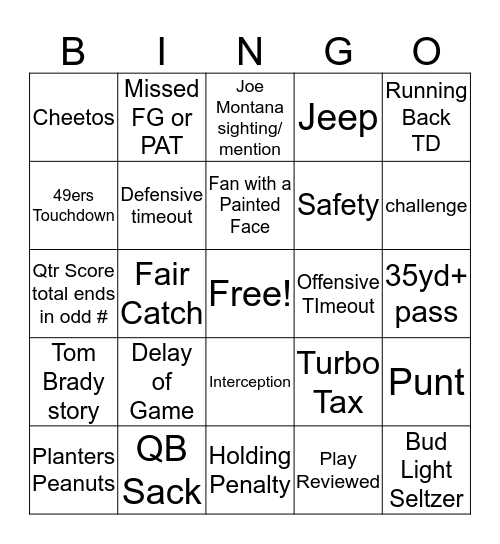 SuperBowl Bingo Card