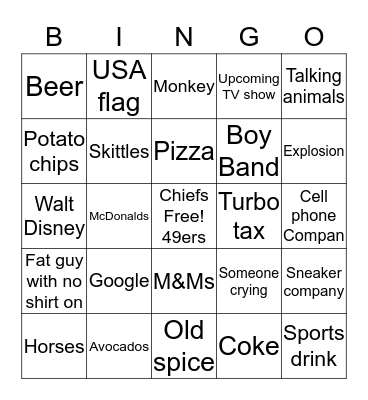 Salo Super Bowl Commercial Bingo Card