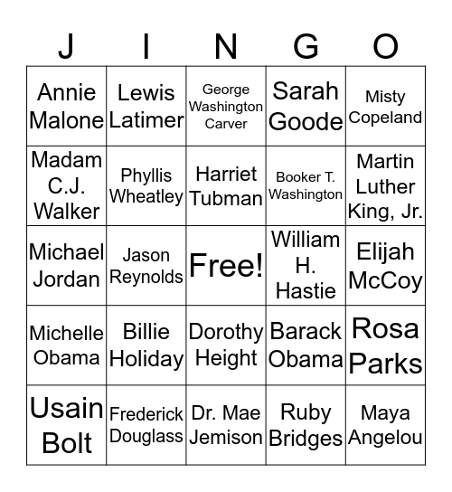 Famous African Americans Jingo Bingo Card