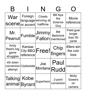 Superbowl LIV BINGO Card