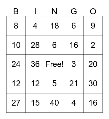 Multiplication Bingo Card