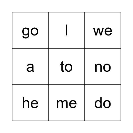 Sight Word Bingo Level 1 Bingo Card