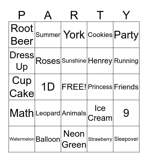 Taya's Party Bingo Card