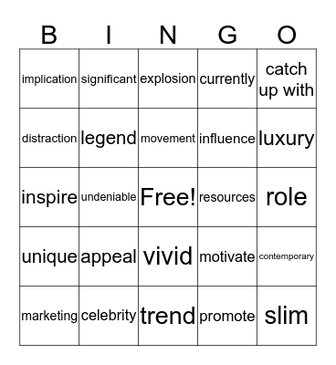 Unit 1 word Bingo Card