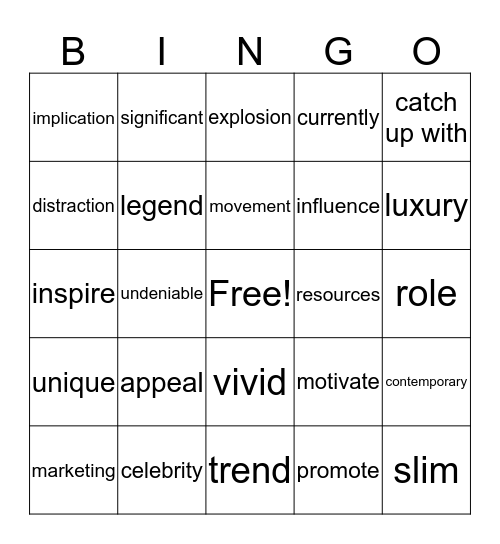 Unit 1 word Bingo Card