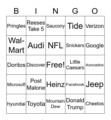 Superbowl Commerical Bingo Card