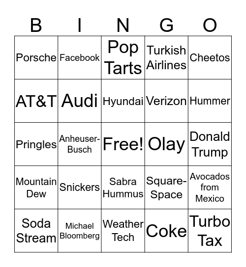 Super Bowl Bingo Card