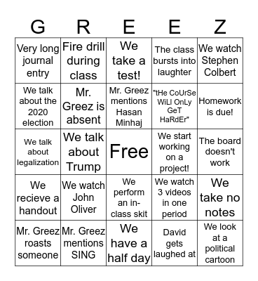 Greez Bingo Card